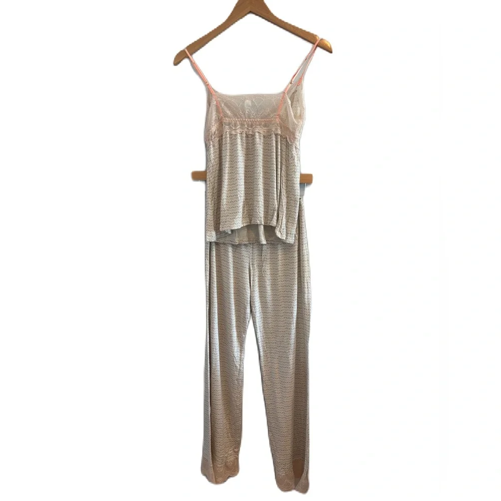 Anthropologie Eberjey Tan & Cream Printed Cami & Long Pant Pajama Set Size M - Picture 2 of 8